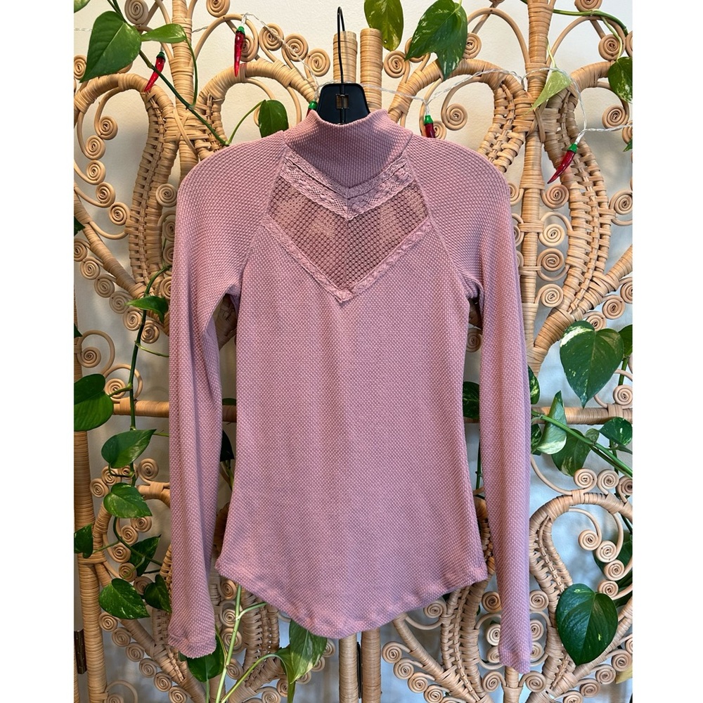 Free People Victorian High Collar Lace and Mesh Dusty Rose Long Sleeve Shirt